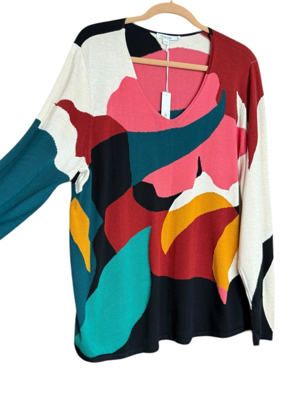 Chico’s NWT Peacock Teal Abstract Floral V-Neck Sweater Size 4 XXL - Picture 4 of 12